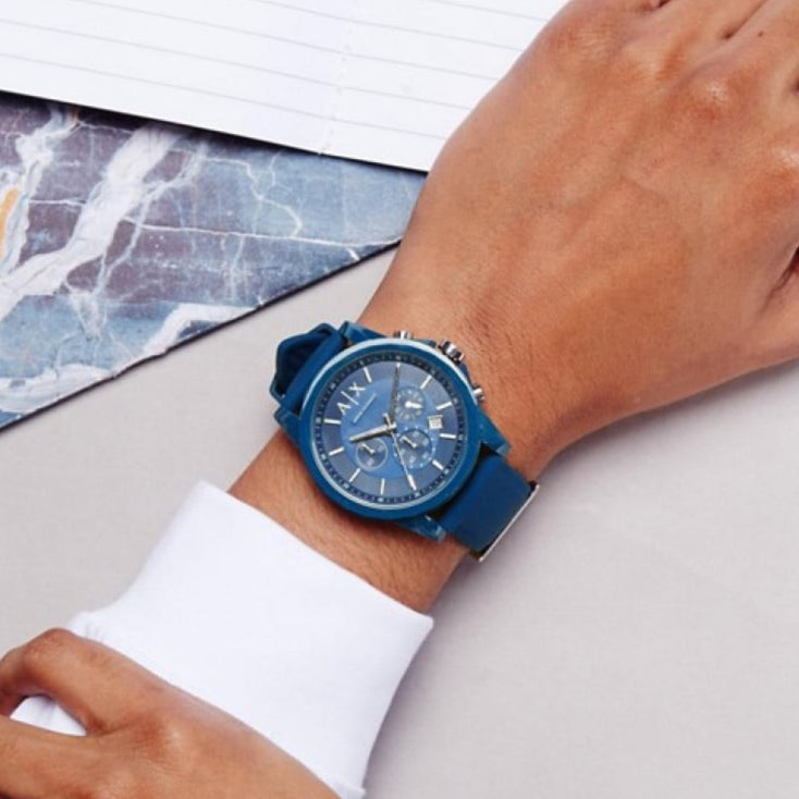 Men's Armani Exchange Outerbanks Chronograph Watch AX1327 – Blue Dial with Blue Silicone Strap
